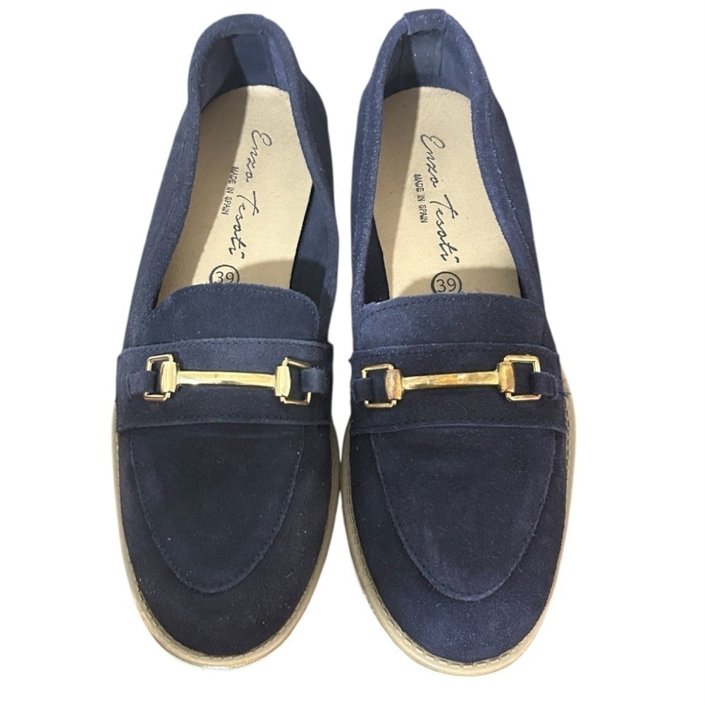 Enzo Tesoti Leather Suede Low Heel Loafer Sz 8.5 US (39 EU) Navy w/ Gold Accent - Picture 7 of 13